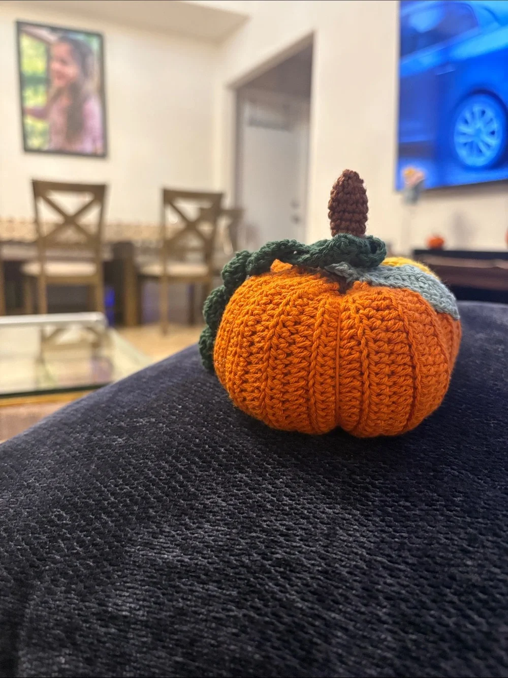 Handmade Orange Crochet Pumpkin with Green Leaves - Fall Home Accent